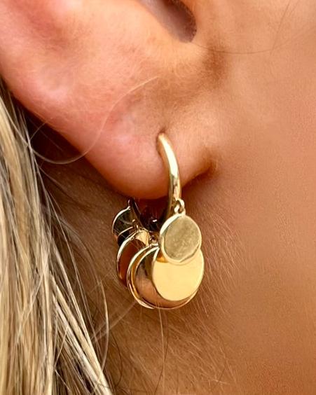 14kt yellow gold hoop earring woth disc dops , dnagling discs @dylanjamesjewelry.com