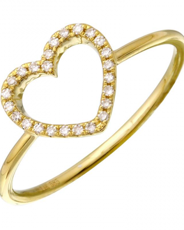 Gold heart-shaped ring with diamond accents on a white background