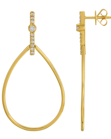 Gold teardrop earrings with diamond accents on a white background