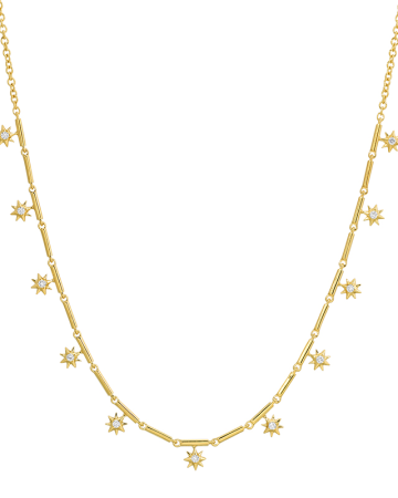 Gold necklace with star-shaped pendants on a white background