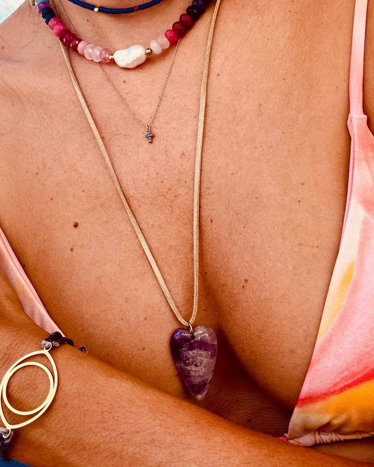 OIYA Gemstone Heart Leather Necklace