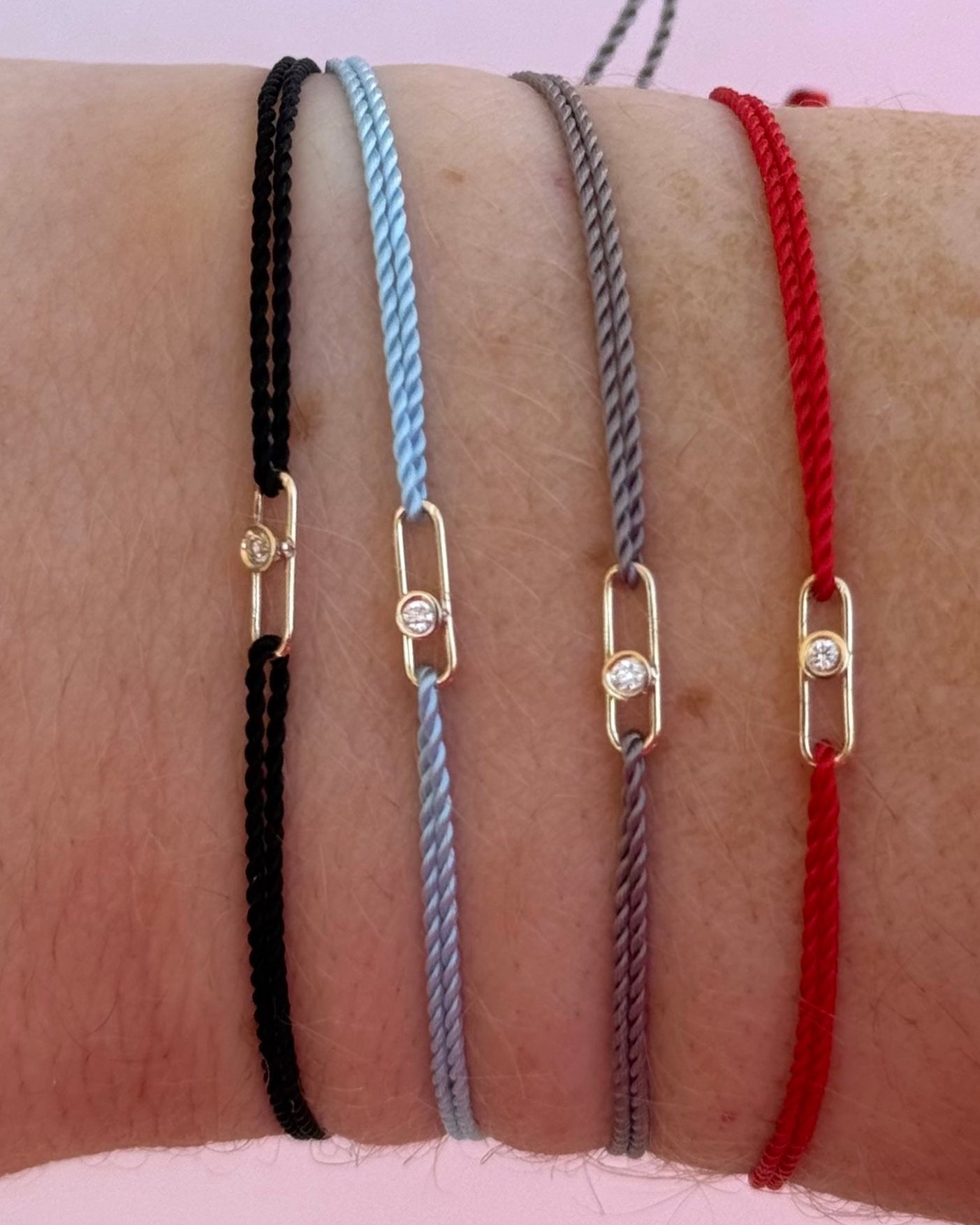 14kt yellow gold diamond cord bracelet red, black, grey, baby blue @dylanjamesjewelry.com