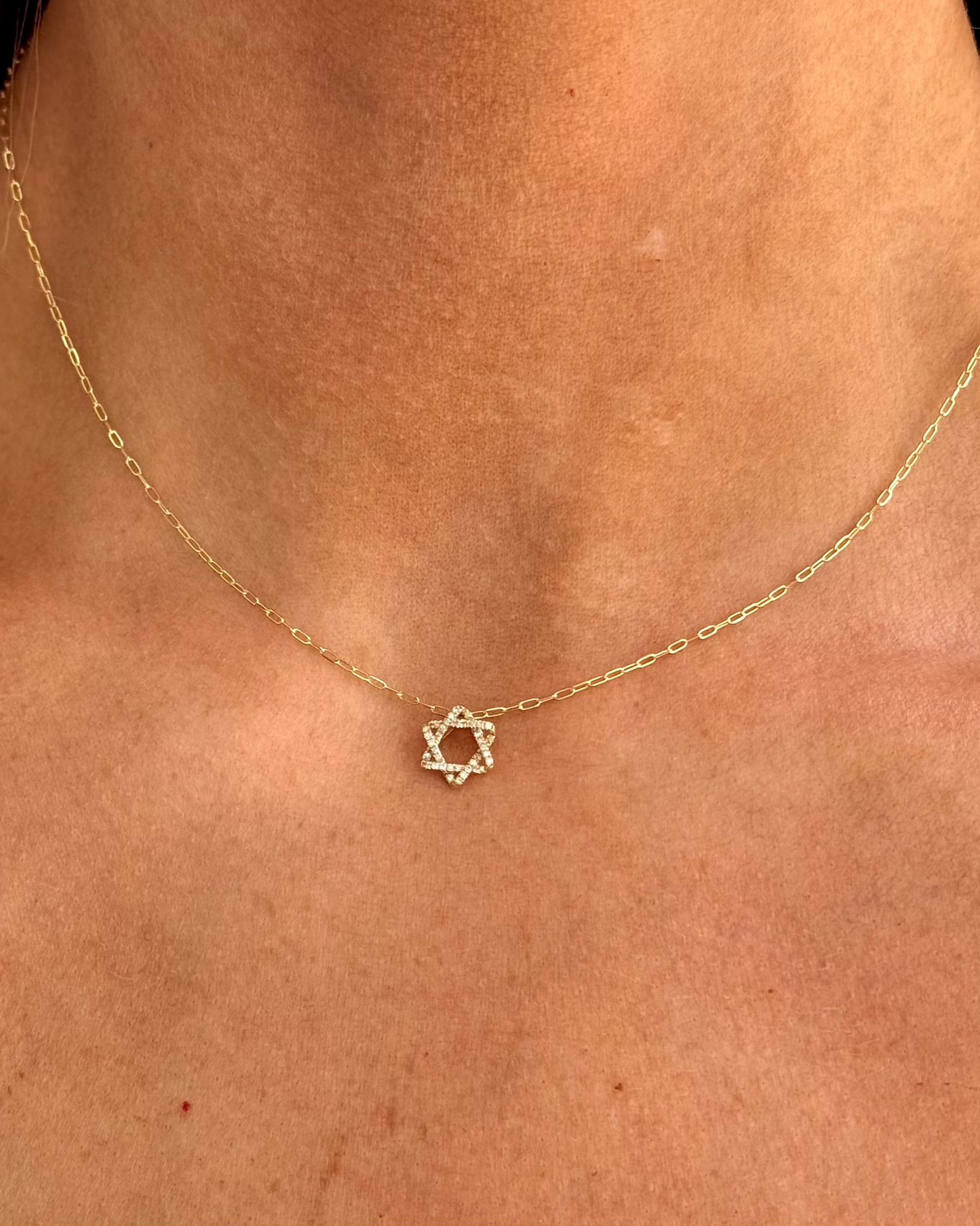 The ALIZA Gold Diamond Necklace by Dylan James Jewelry/flower features a delicate Star of David pendant, resting elegantly on the wearer’s neck.