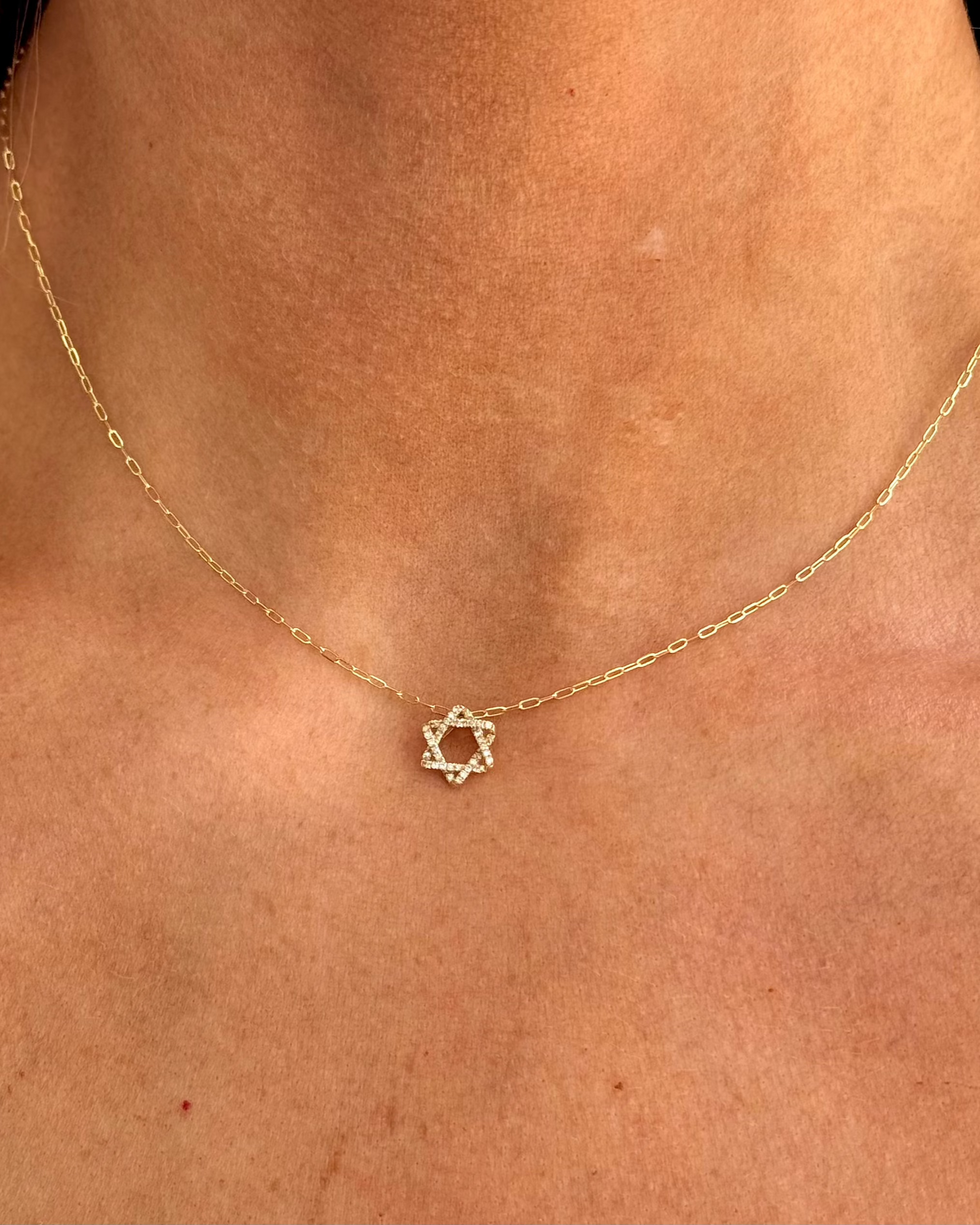 The ALIZA Gold Diamond Necklace by Dylan James Jewelry/flower features a delicate Star of David pendant, resting elegantly on the wearer’s neck.