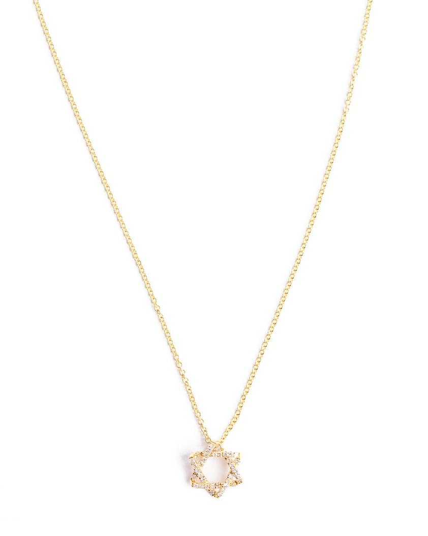 The ALIZA Gold Diamond Necklace by Dylan James Jewelry/flower features a delicate Star of David pendant on a 14kt yellow gold chain, shown against a plain white background.