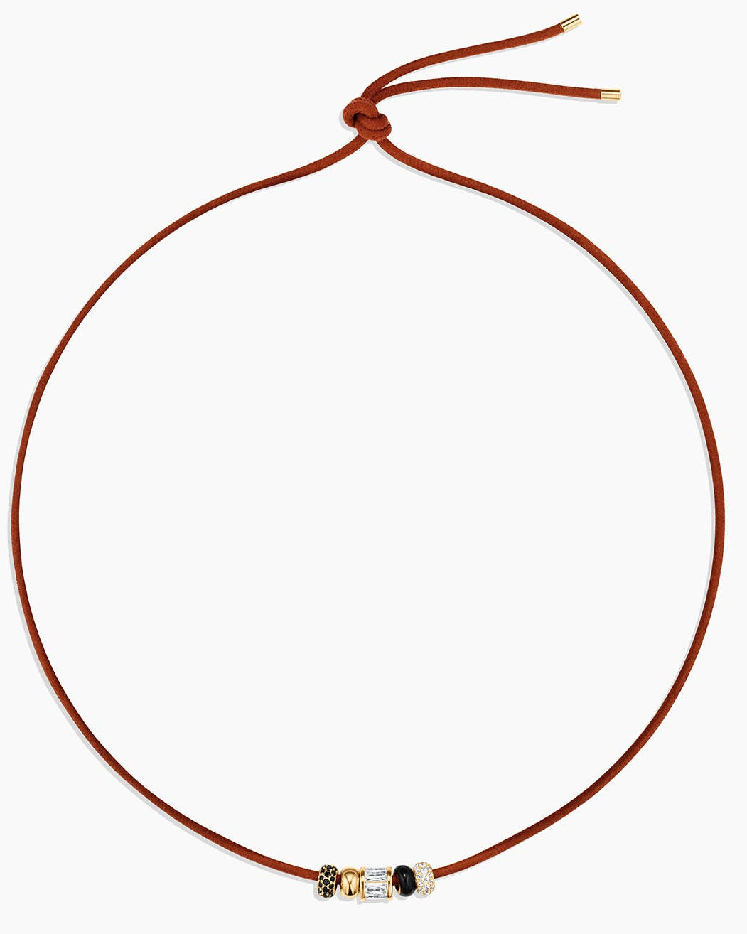 Brown cord necklace with a clasp on a white background