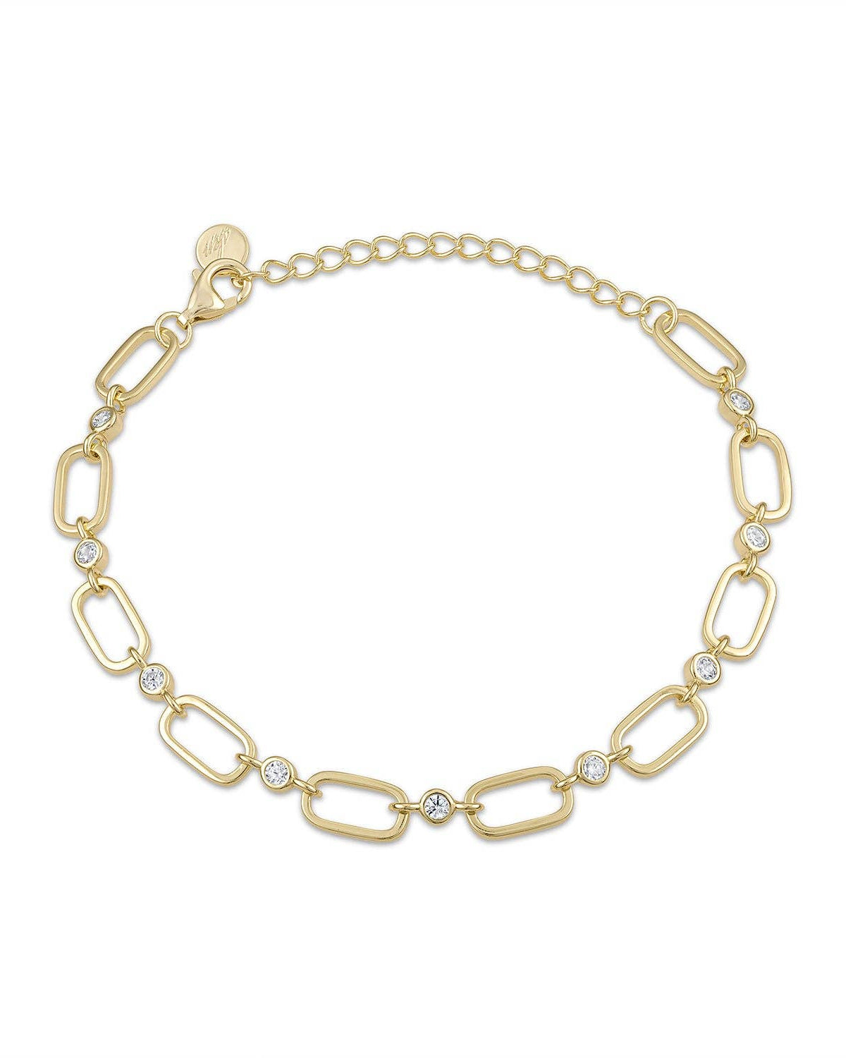Gold bracelet with interlocking links and small crystals on a white background