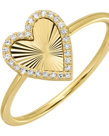 The DEVLYN Diamond Ring by SB is an elegant yellow gold heart-shaped piece, with a textured center framed by shimmering diamonds along the edges.