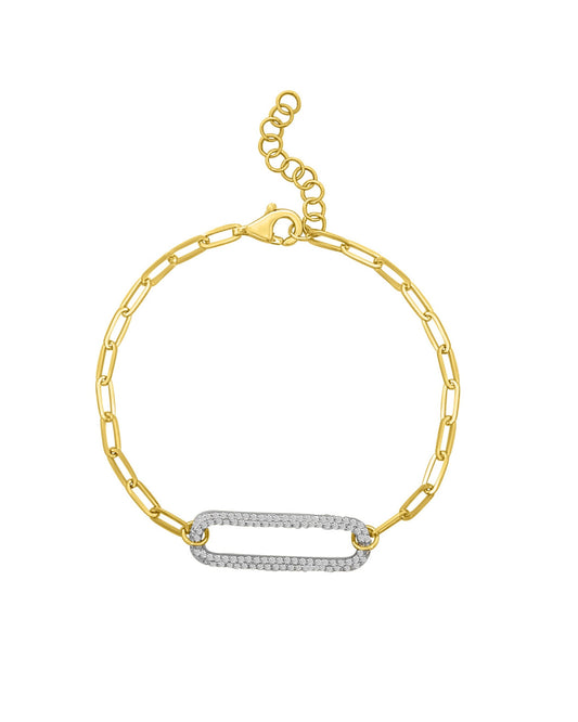 The DIDI Gold Diamond Bracelet by AIRA features a 14kt yellow gold chain, a lobster clasp, and an oval silver-toned diamond bar centerpiece.