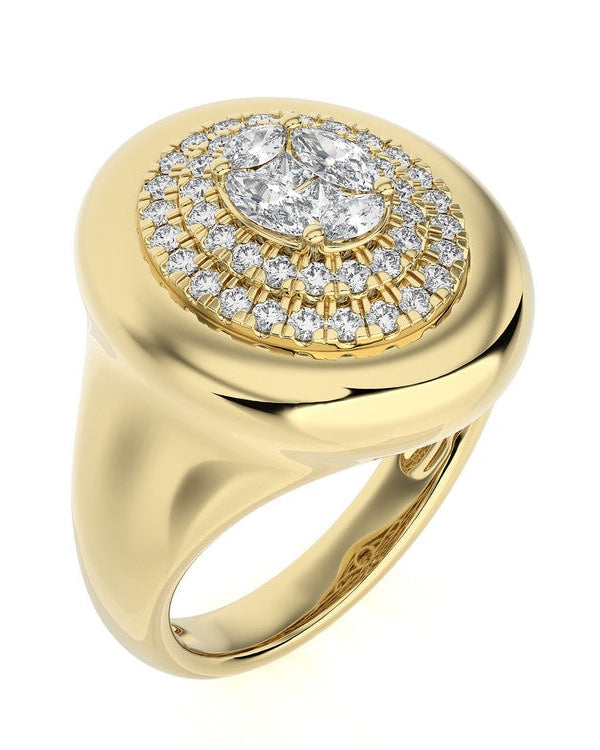Gold ring with diamond accents on a white background