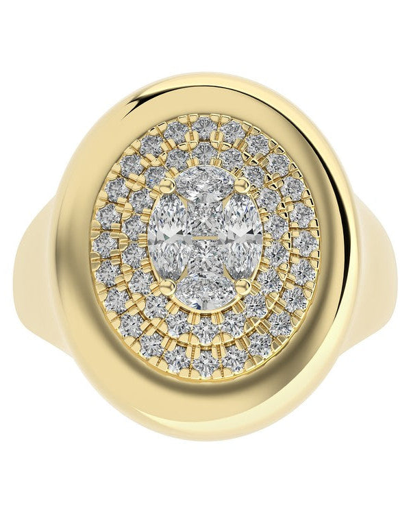 Gold ring with diamond accents on a white background