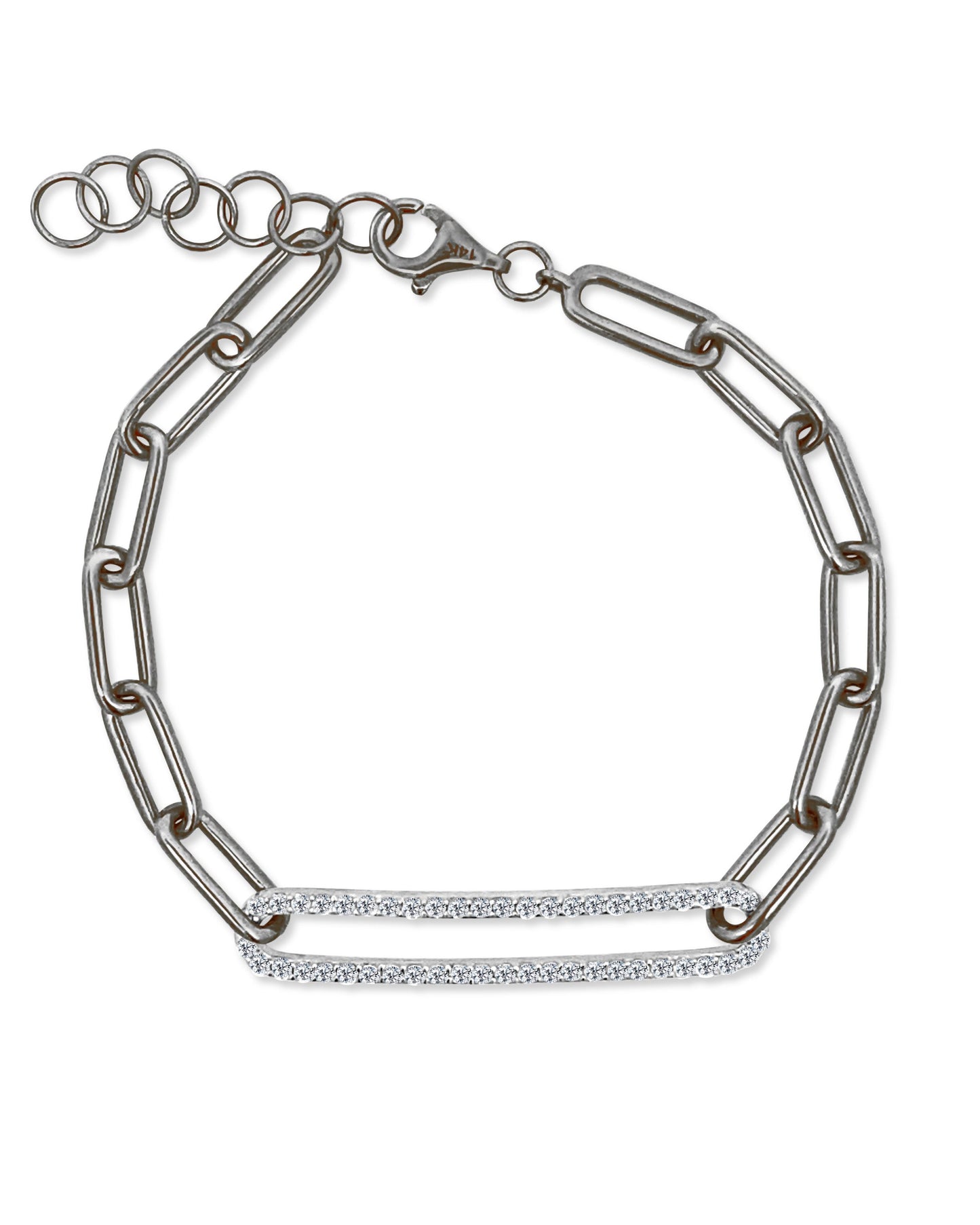 The GIGI Diamond Bracelet by Dylan James Jewelry features a sterling silver chain with an adjustable extender clasp, highlighting a central element encrusted with small, sparkling stones.