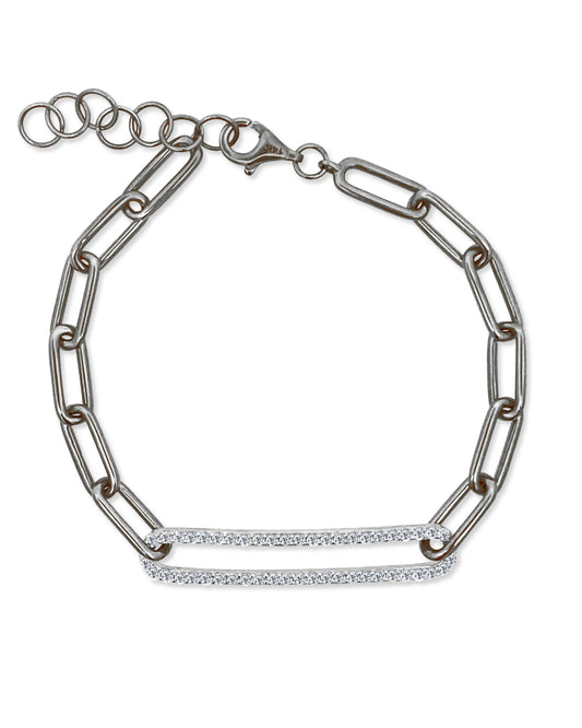 The GIGI Diamond Bracelet by Dylan James Jewelry features a sterling silver chain with an adjustable extender clasp, highlighting a central element encrusted with small, sparkling stones.