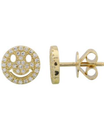 HAPPY Diamond Earrings by SB, featuring smiley faces adorned with small white stones and crafted from 14kt yellow gold, are showcased from the front and side.