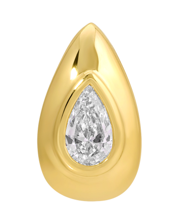 Gold teardrop-shaped earring with a clear gemstone on a white background