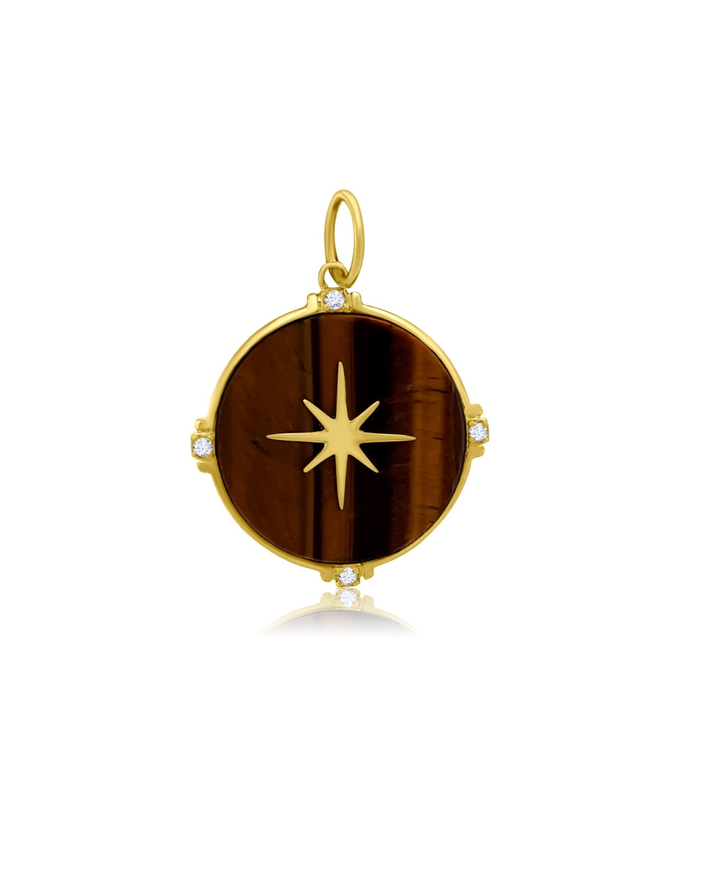 The TIGER Diamond Stone Pendant by AIRA features a round yellow gold design with a striking Tiger Eye-like brown center, adorned with a gold star and four evenly spaced small diamonds for added elegance.
