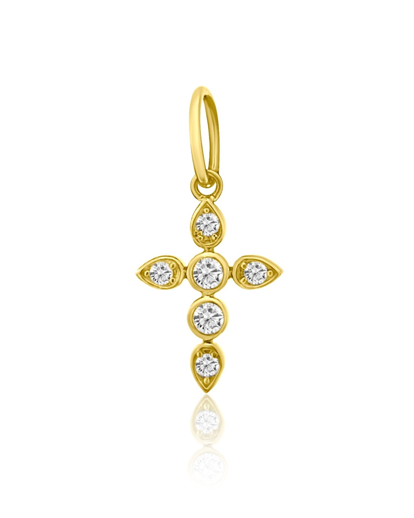 The CISSY Gold Diamond Cross by aira features a yellow gold drop pendant with five round diamonds and four teardrop-shaped diamonds.