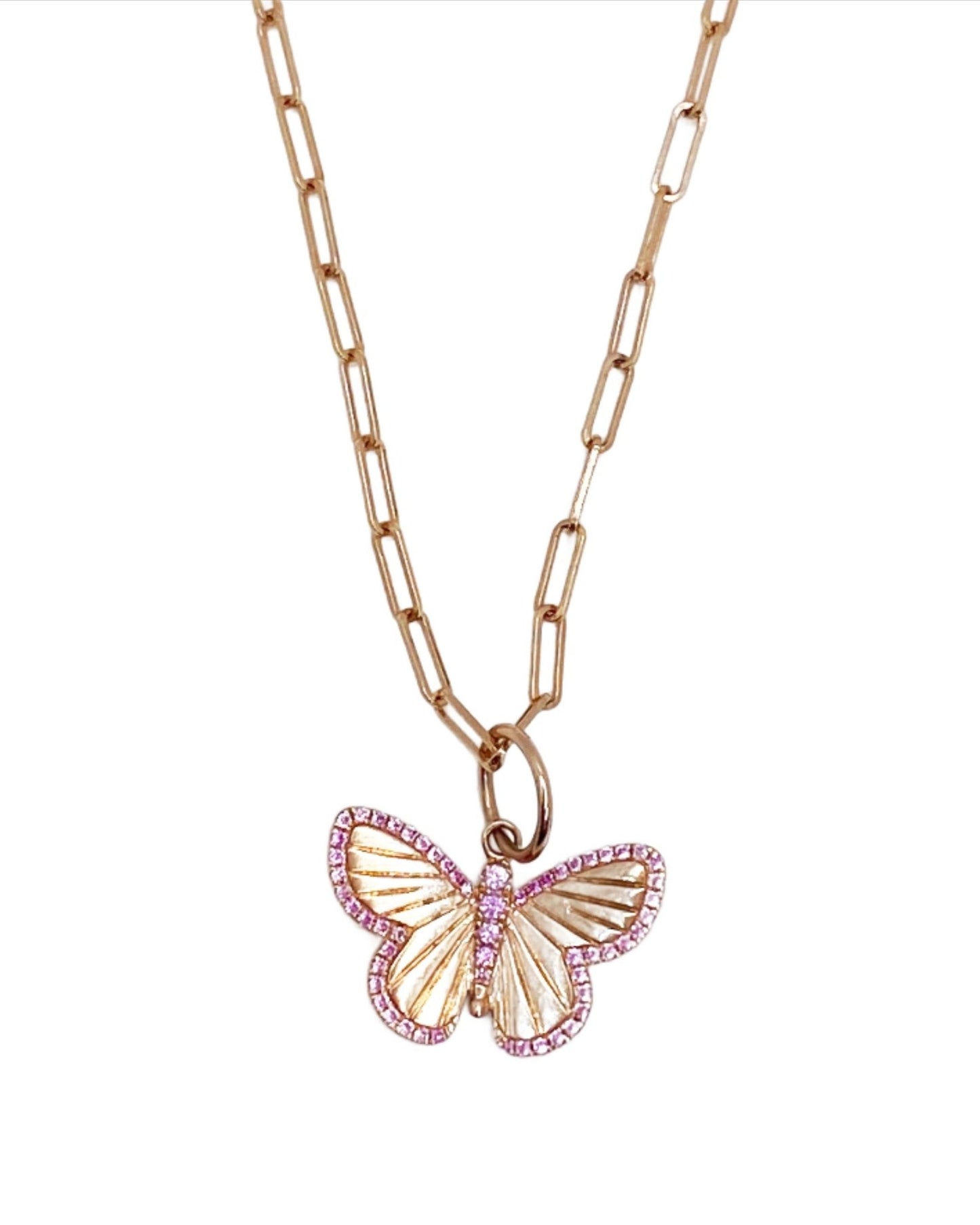 rose gold pink sapphire butterfly on paper clip chain @dylanjamesjewelry.com