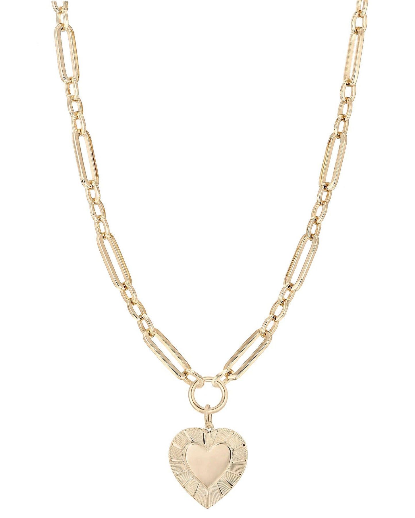 The BARB Link Chain & Heart Pendant Necklace by Dylan James features gold-plated elongated links and a central round heart pendant—a timeless, handcrafted jewelry piece.