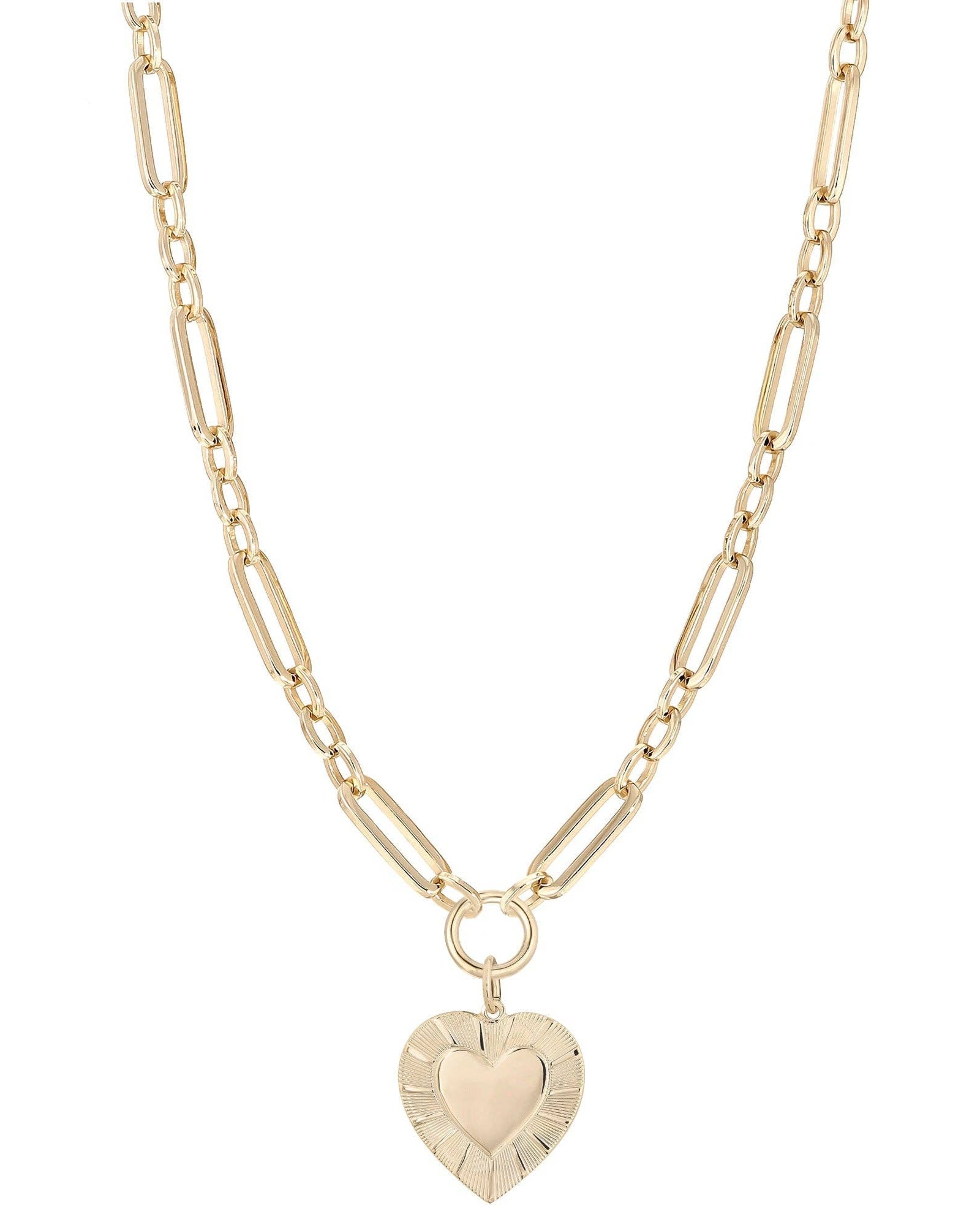 The BARB Link Chain & Heart Pendant Necklace by Dylan James features gold-plated elongated links and a central round heart pendant—a timeless, handcrafted jewelry piece.