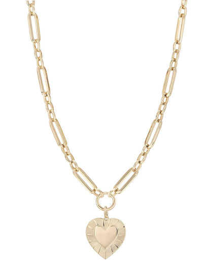 The BARB Link Chain & Heart Pendant Necklace by Dylan James features gold-plated elongated links and a central round heart pendant—a timeless, handcrafted jewelry piece.