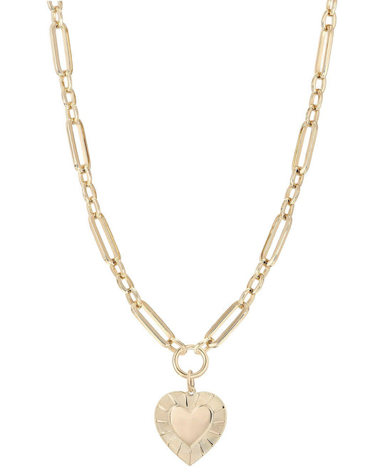 The BARB Link Chain & Heart Pendant Necklace by Dylan James features gold-plated elongated links and a central round heart pendant—a timeless, handcrafted jewelry piece.