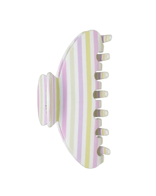 Striped hair clip with pink and yellow stripes on a white background