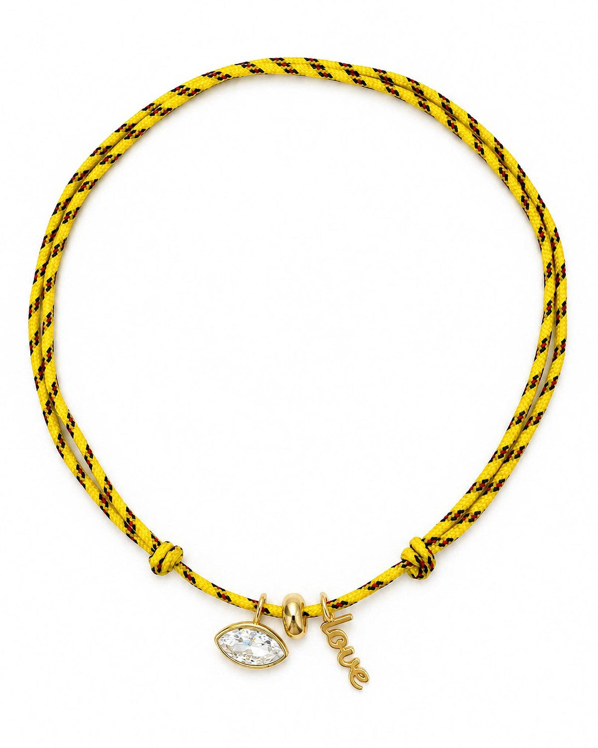 A yellow and black braided cord bracelet with gold charms, including a small eye-shaped crystal charm and a dangling 'love' script charm, shown on a plain white background.