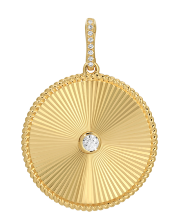 Gold pendant with a textured design and central gemstone on a white background
