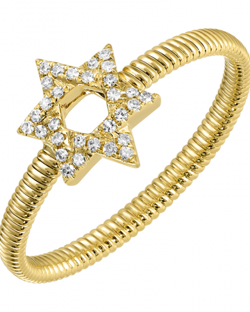 Gold ring with star design and embedded diamonds on a white background