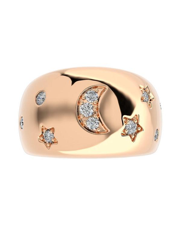 The DEBBIE Diamond Ring by Dylan James Jewelry is crafted in 14kt rose gold with a crescent moon and star design inlaid with diamonds, available in size 6.5.