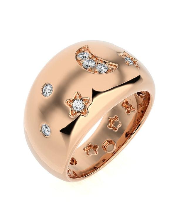 14kt rose gold DEBBIE Diamond Ring by Dylan James Jewelry features star and moon designs, embedded gemstones, sparkling diamonds, and comes in size 6.5.