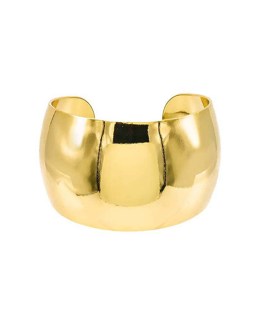 A gold-colored wide dome bangle bracelet made from brass and plated with 18K gold.
