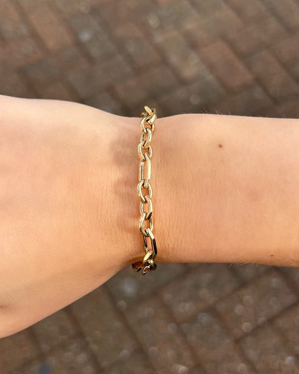 Gold chain bracelet on a wrist with a blurred brick background