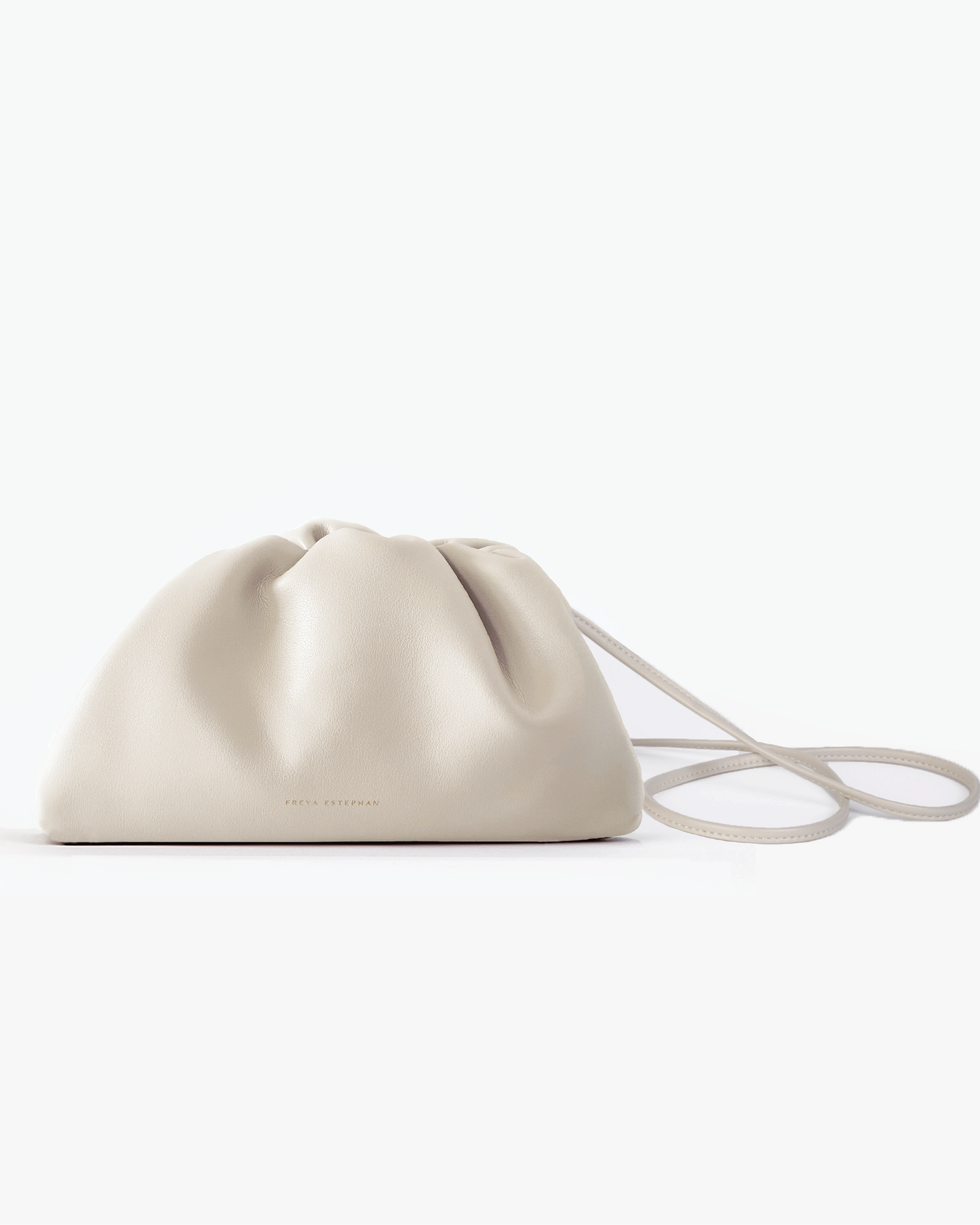 Beige leather pouch with drawstring on a white background