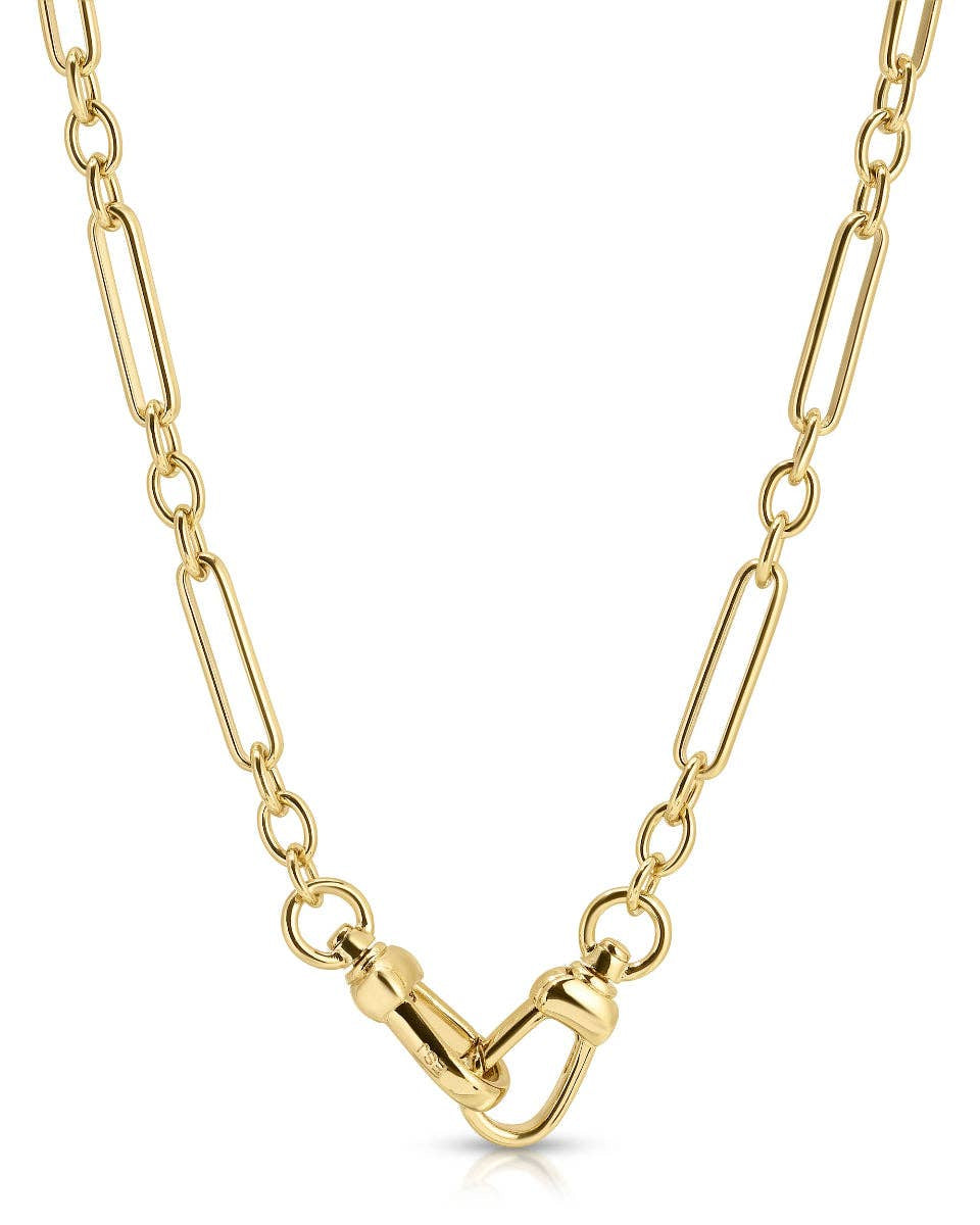 Gold necklace with a horse bit clasp on a white background