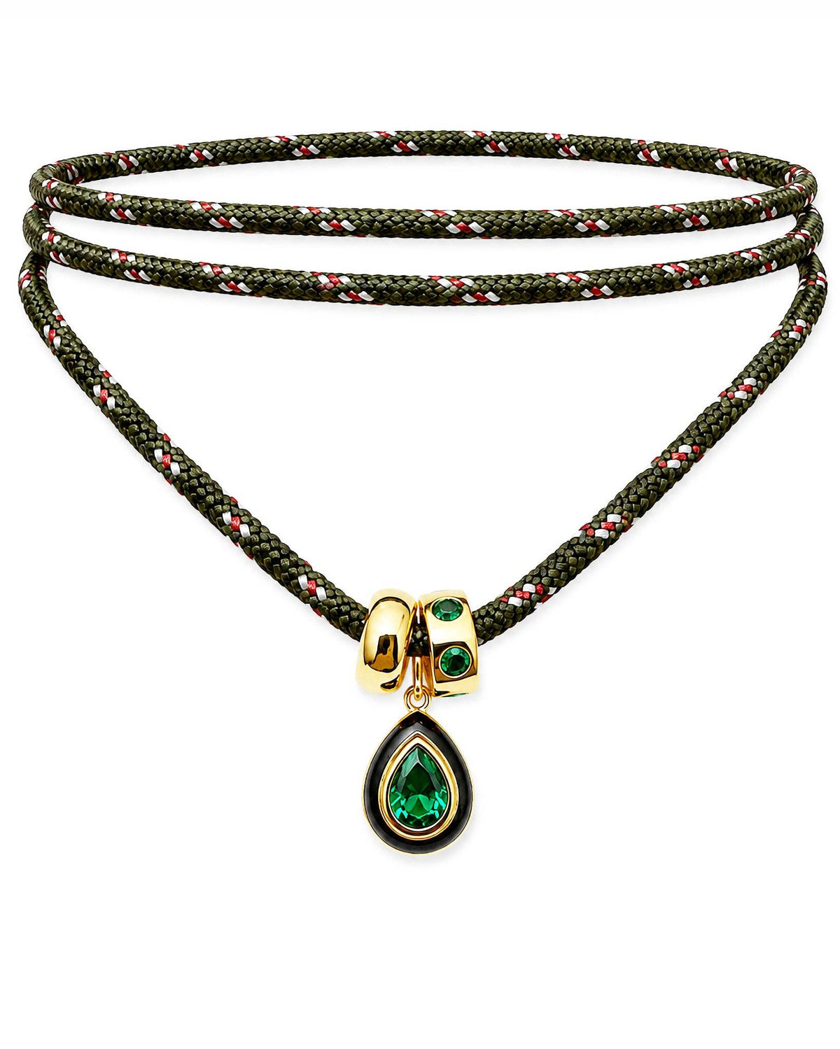 A multi-strand braided cord necklace in olive green, red, and white, featuring a gold-tone clasp with a teardrop-shaped green gemstone pendant, set against a plain white background.