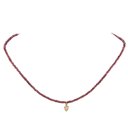 tiny 14kt diamond shield pendant on ruby garnet beads
