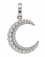 A silver crescent moon pendant adorned with multiple round clear gemstones, set against a plain white background.