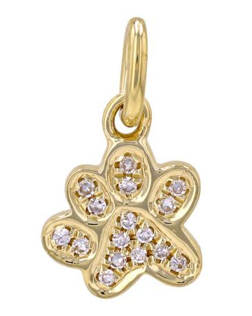 Gold paw print charm with embedded diamonds on a white background
