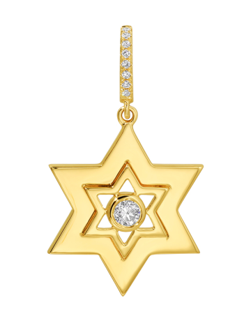 A gold Star of David pendant featuring a central round-cut clear gemstone surrounded by a small halo of tiny clear stones, suspended from a matching stone-set bail, shown on a plain white background.