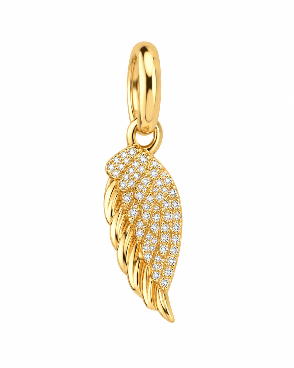 A gold angel wing pendant charm adorned with pavé-set clear stones, shown on a solid white background.