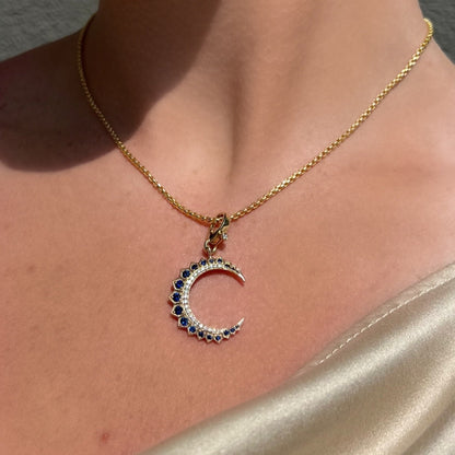 YELLOW GOLD OLID CHAIN WITH DIAMOND SAPPHIRE CRESCENT CHarm