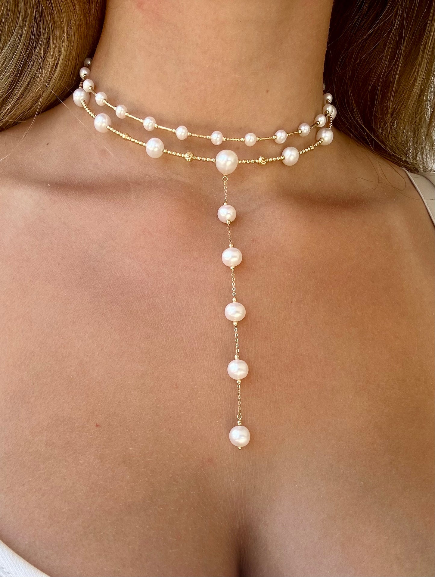 MARY Gold Lariat Pearl Choker