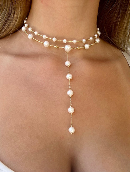 MARY Gold Lariat Pearl Choker