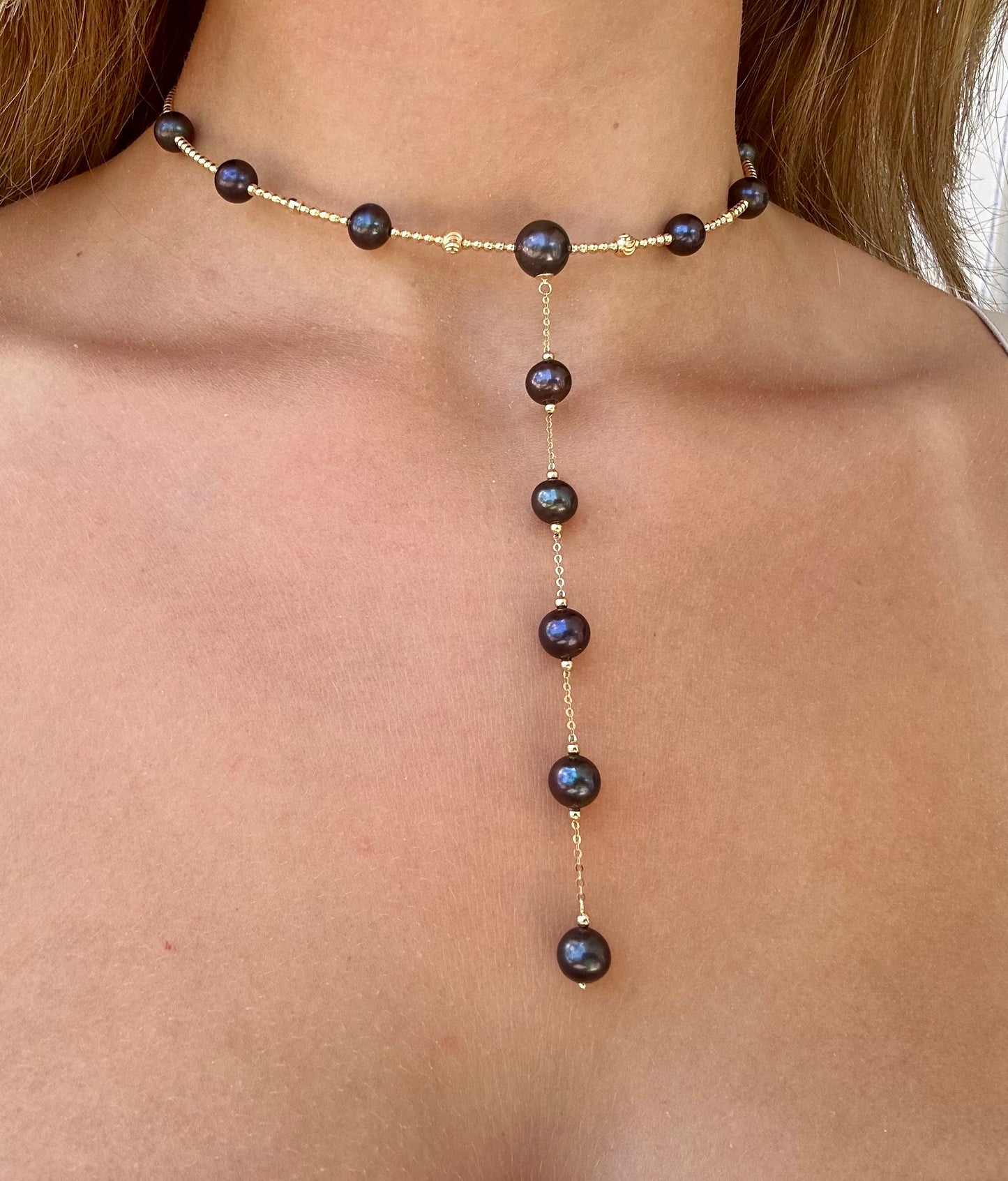 MARY Gold Lariat Pearl Choker