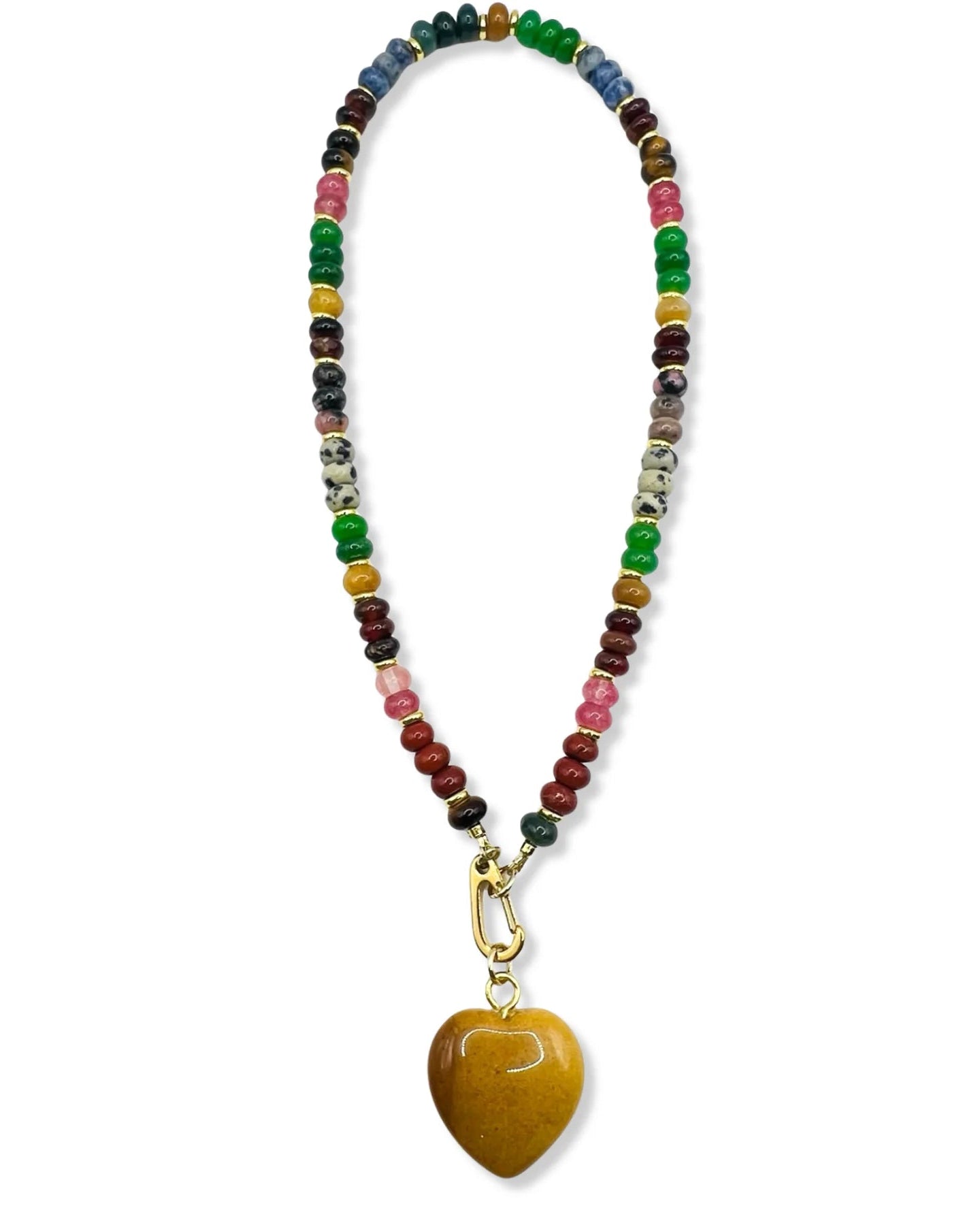 Necklace with multicolored beads and a wooden pendant on a white background