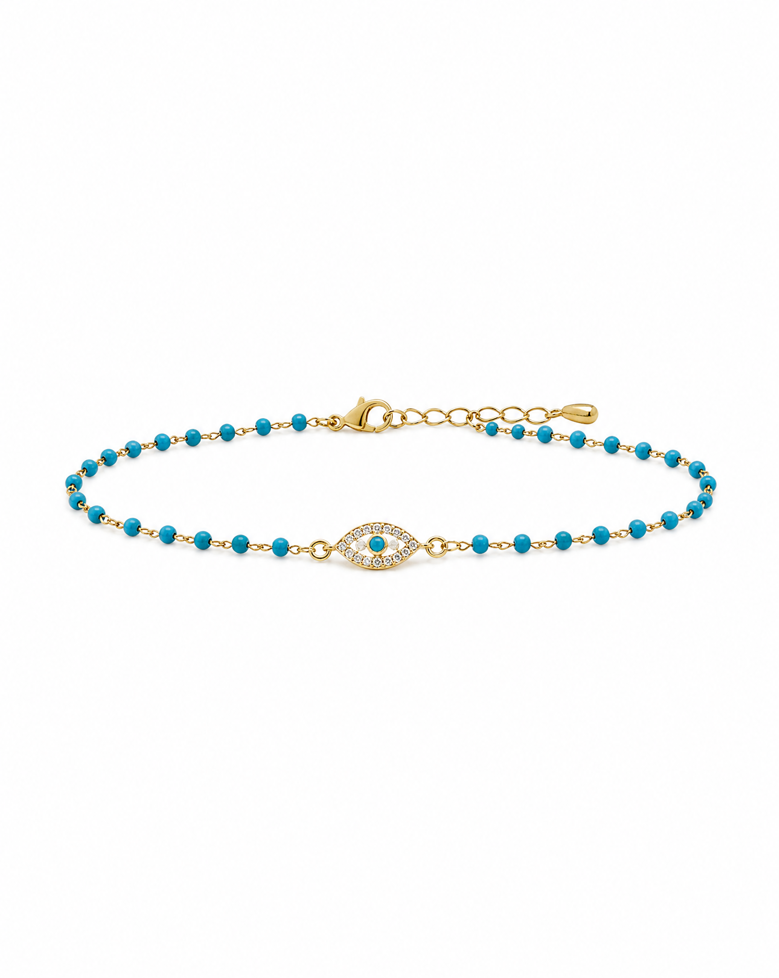 A delicate gold chain bracelet featuring small turquoise blue beads and a central gold evil eye charm with a turquoise center, displayed on a clean white background.