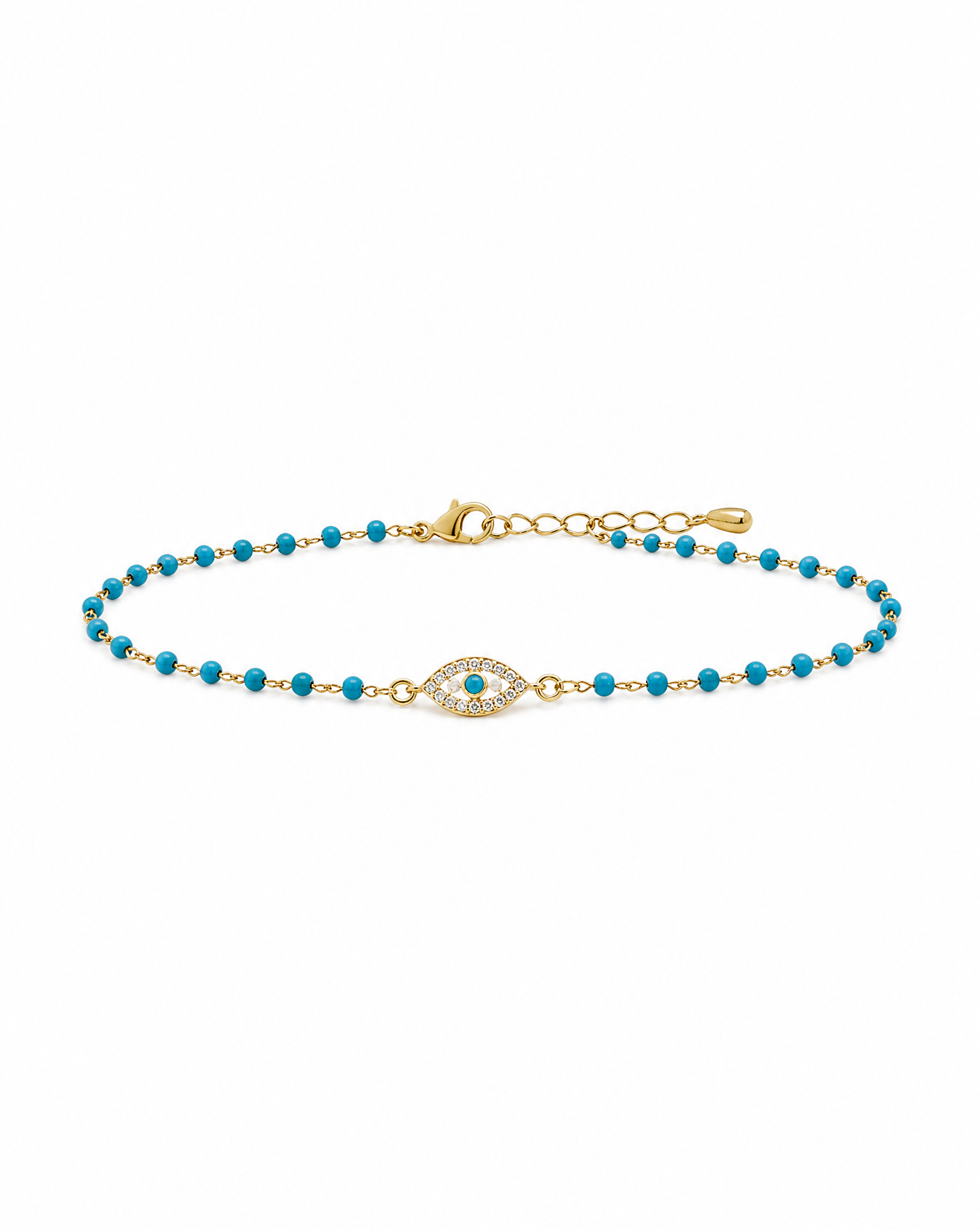 A delicate gold chain bracelet featuring small turquoise blue beads and a central gold evil eye charm with a turquoise center, displayed on a clean white background.