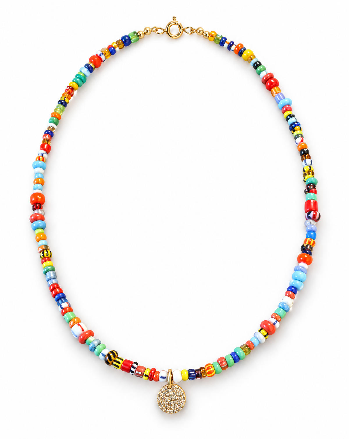 A beaded necklace featuring a multicolor strand of small round beads with a textured gold circular pendant at the center, displayed on a clean white background.